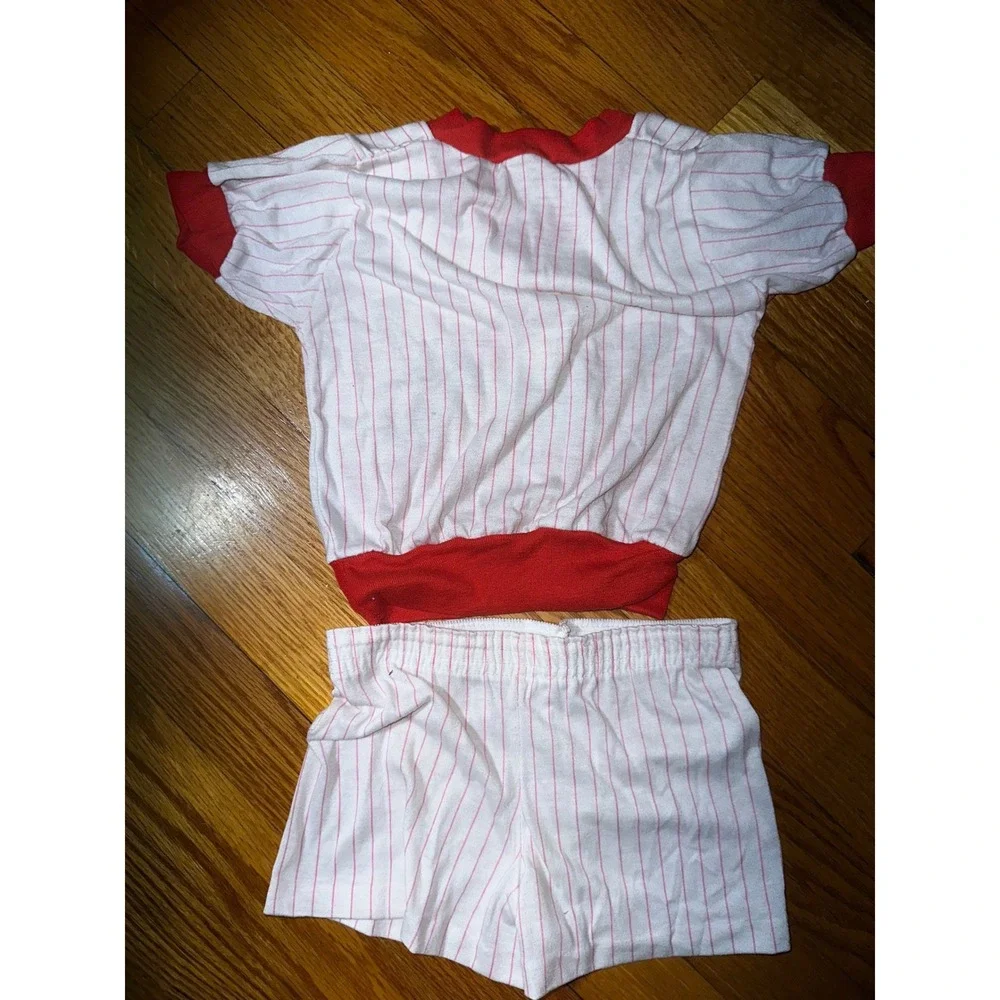 Vintage 80s Trevira Baseball Short-stop Pinstripe Kids Set White Red Size 4‎